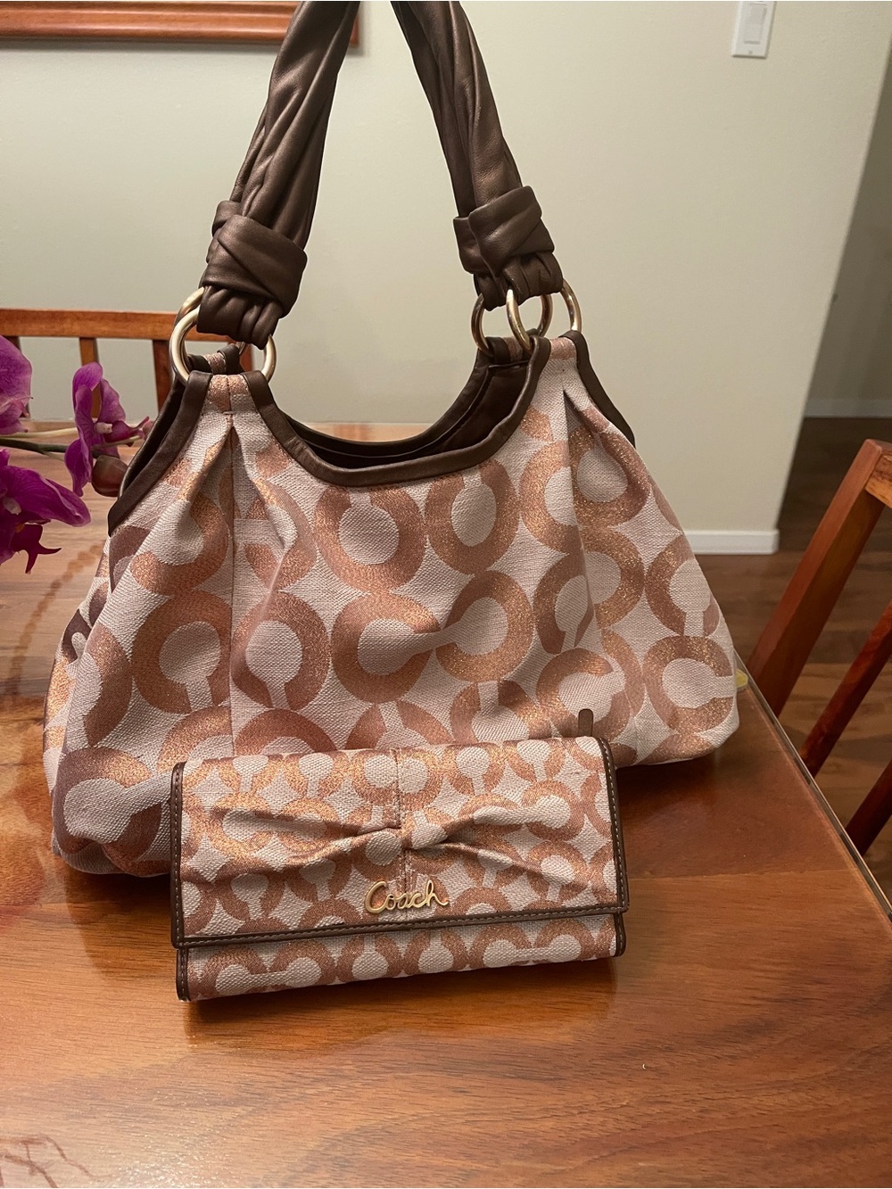 Coach Beige and Brown Signature Canvas Shoulder Bag with Matching Wallet